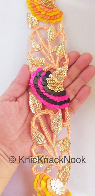 Wholesale Peach Indian Beaded Lace Trim, Handmade, Sequins Trim